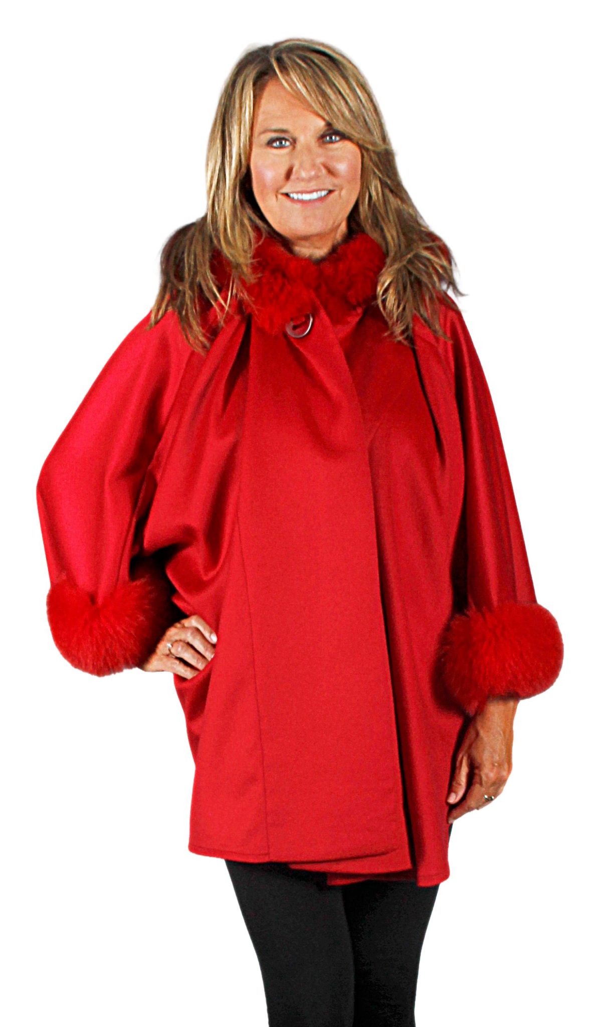 W299 red cashmere cape with fox fur