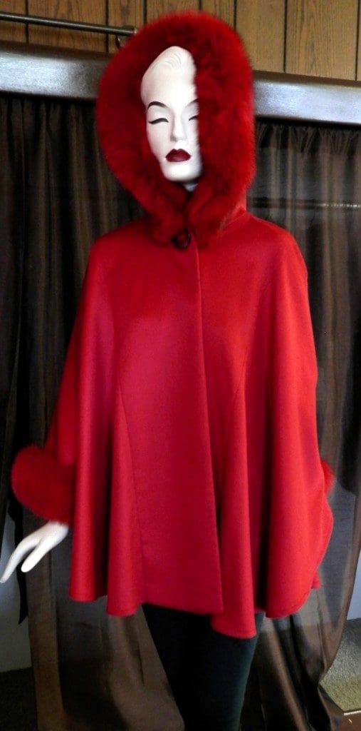 red cashmere hood cape with fox trim7