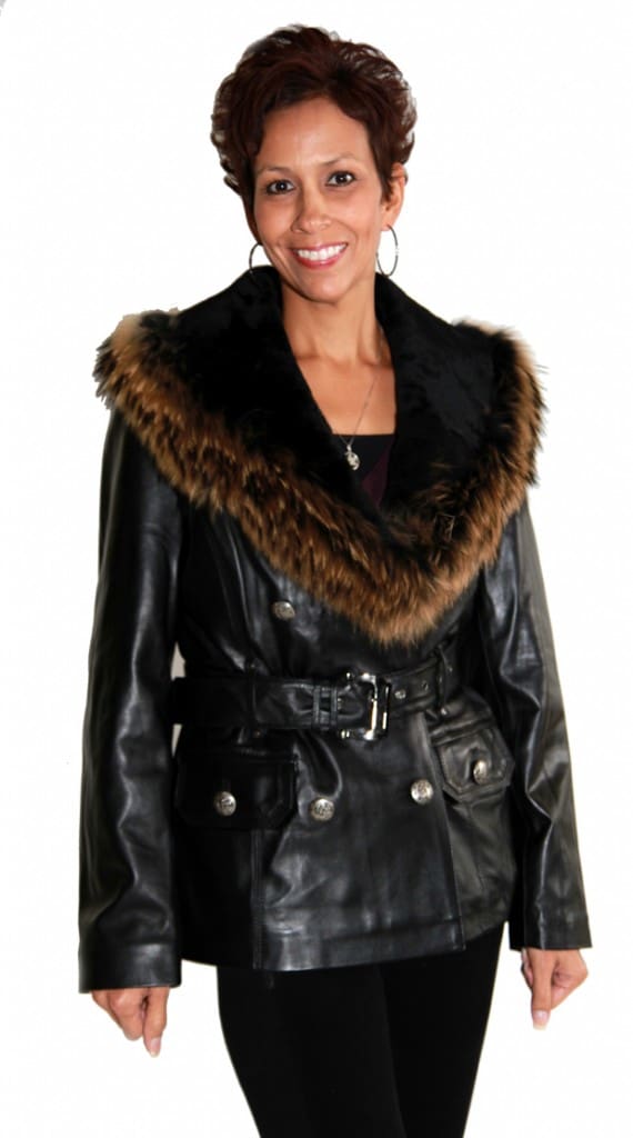 Black Double Breasted Lamb Leather Jacket with Raccoon Fur and Mouton Lamb1