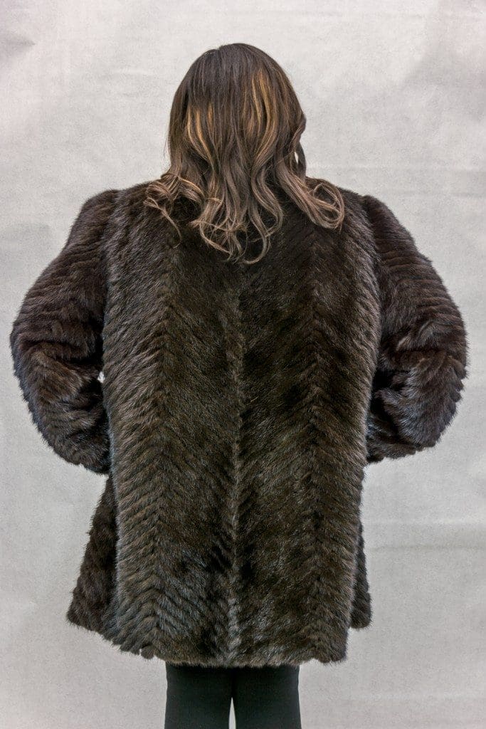 W42 natural brown mink tail chevron design 34 coat with full mink shawl style collar and trim3