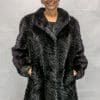 W43 black ranch mink tail cheveron design 34 coat with full mink shawl style collar and trim2