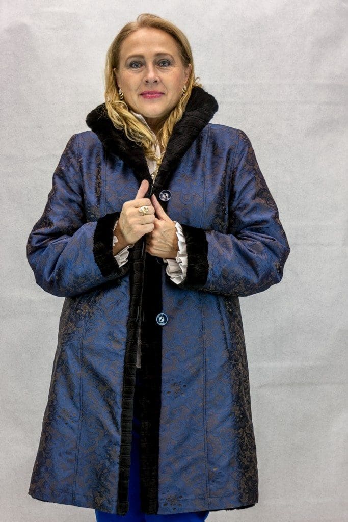 W46 black sheared mink sections 36 coat with horizontal grooved detail reverses to blue brocade taffeta silk2