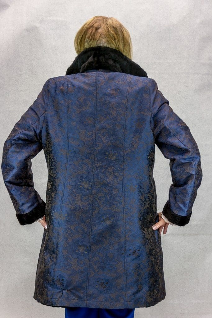 W46 black sheared mink sections 36 coat with horizontal grooved detail reverses to blue brocade taffeta silk3