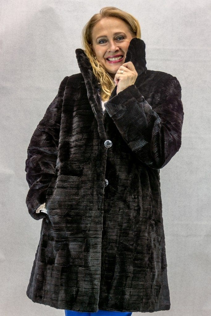 W46 black sheared mink sections 36 coat with horizontal grooved detail reverses to blue brocade taffeta silk4