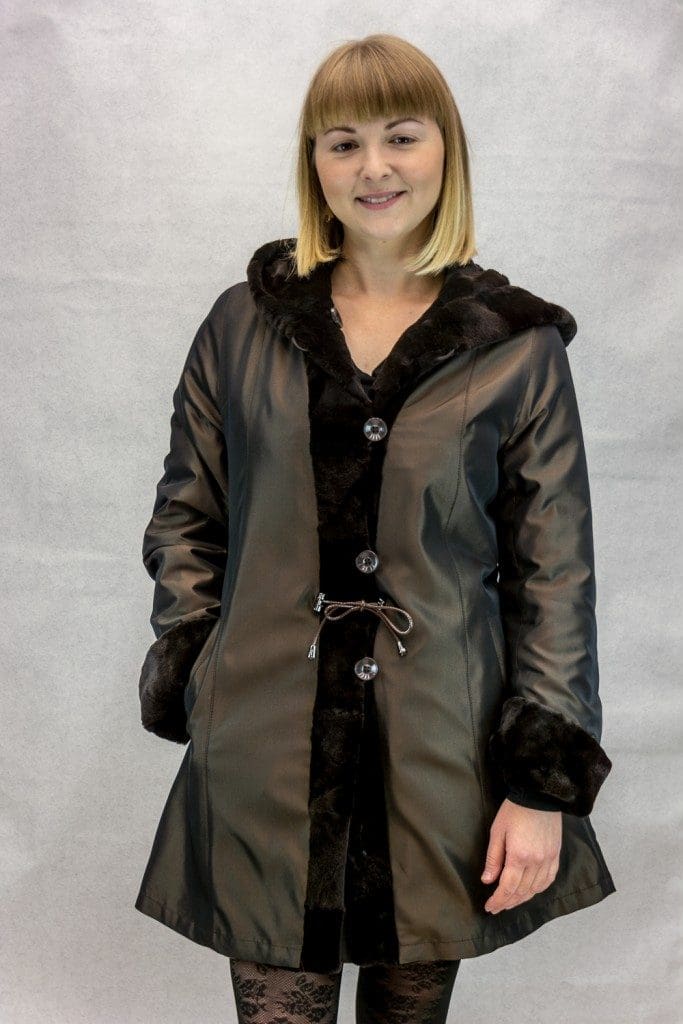 W47 brown sheared mink 32 sections parka with drawstring at wasitline reverses to brown taffeta silk2