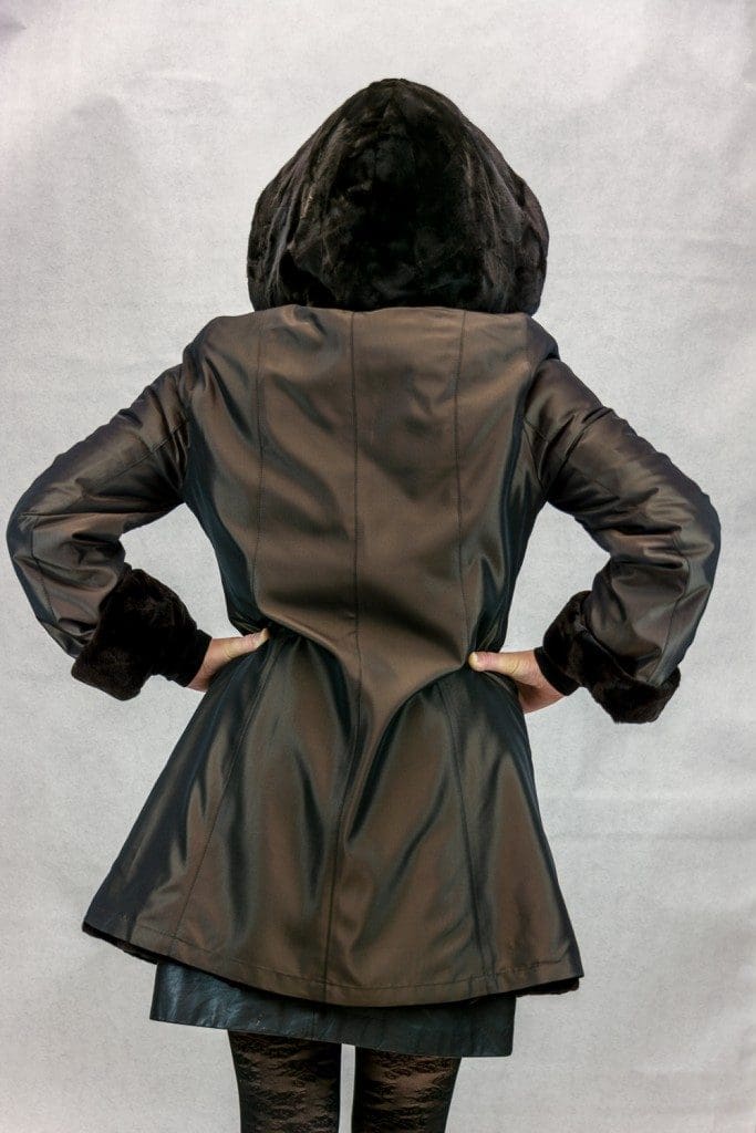 W47 brown sheared mink 32 sections parka with drawstring at wasitline reverses to brown taffeta silk3