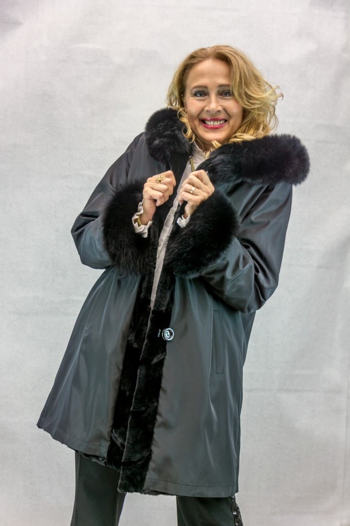 Black Sheared Mink 35” Parka with Black dyed Fox Trim on Hood and Cuffs ...