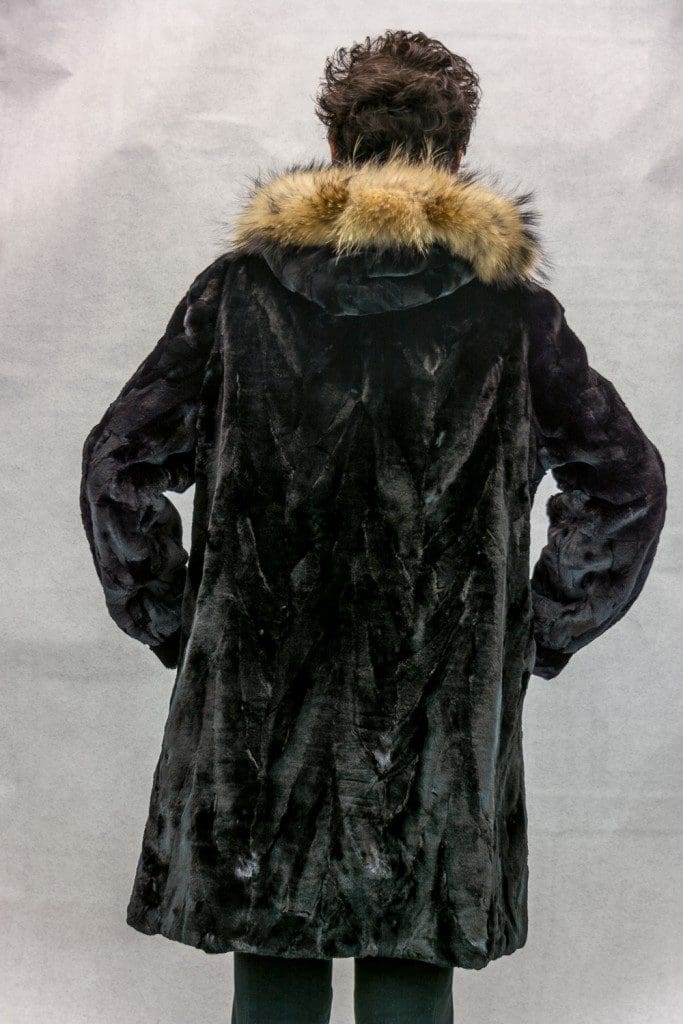 W51 black sheared mink 36 sections with a detachable hood trimmed with finnish raccoon reverses to black taffeta silk3