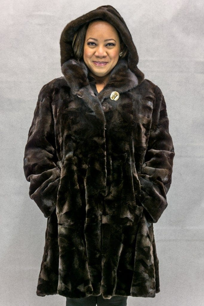 W52 brown sheared mink sections 36 with natrual lunaraine mink trim with detachable hood3