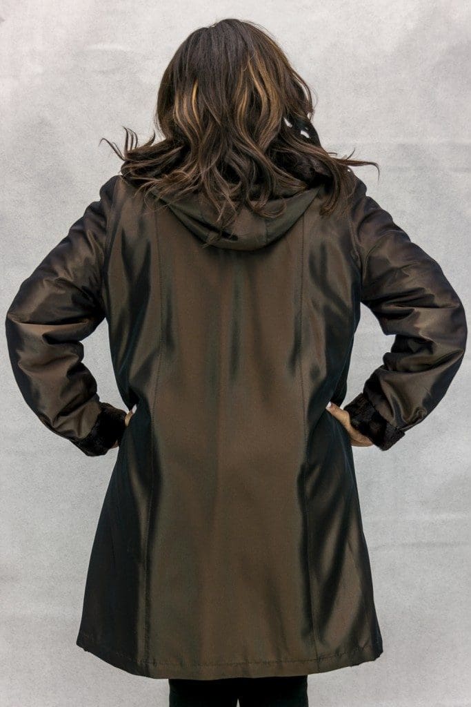 W53 brown sheared mink sections 36 with natural lunaraine mink trim with detachable hood reverses to brown taffeta silk3