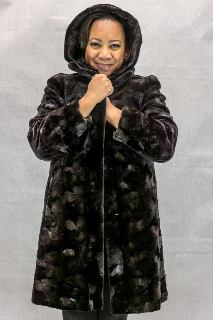W53 brown sheared mink sections 36 with natural lunaraine mink trim with detachable hood reverses to brown taffeta silk4