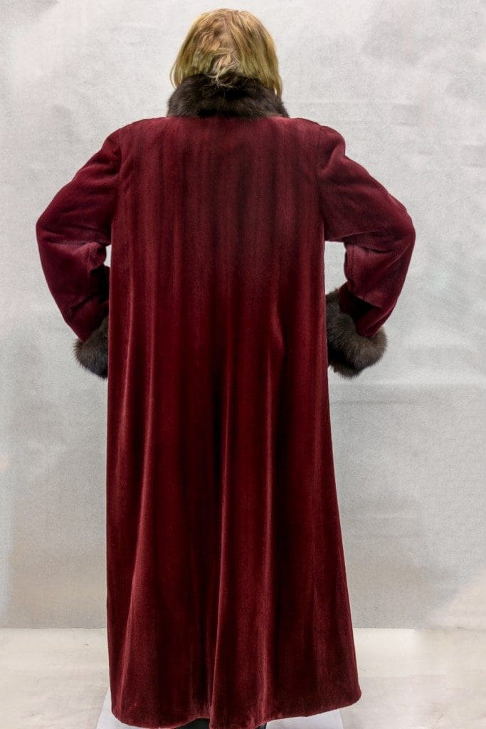 W58 burgundy sheared letout mink 52 coat with natural sable collar and cuffs3