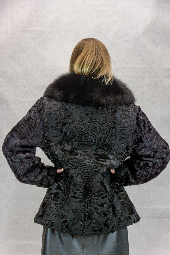 W73 Black persian lamb shaped 26 jacket with black fox sawl collar3