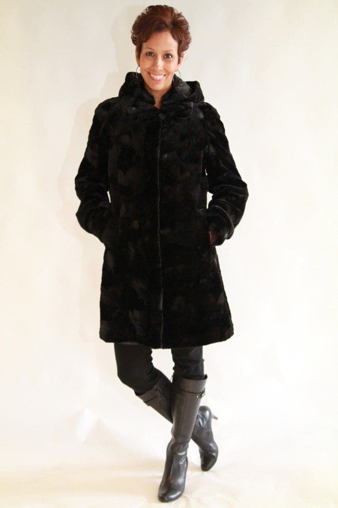 Black Sheared Oval Mink 36 Sections Coat with Detachable Mink Hood Reverses to Plaid Taffeta Silk2