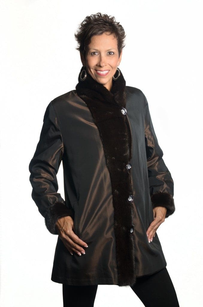 Brown 32 sheared mink jacket with natural brown mink trim reverses to taffeta silk2