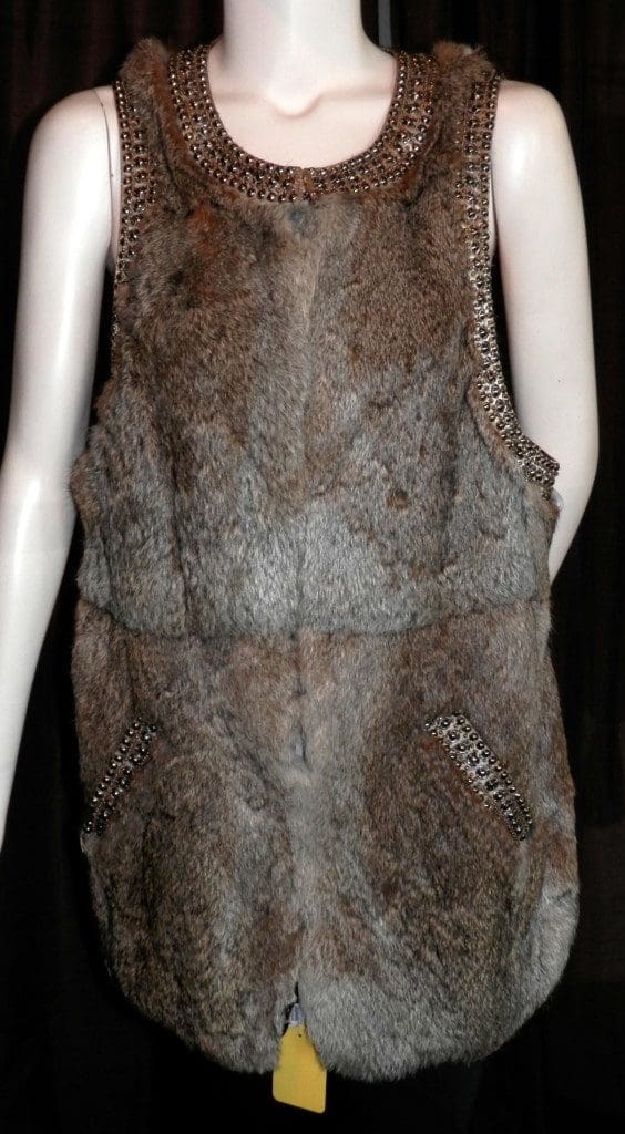Natural Brown Rabbit 30” Vest with Jeweled Detail 1
