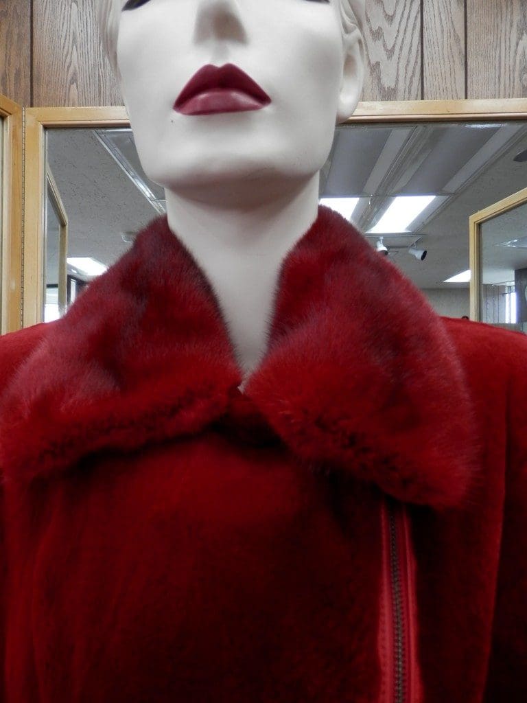 Scarlet Red Sheared Mink Letout 22 Mink Zip Jacket with Long Hair Mink Collar3