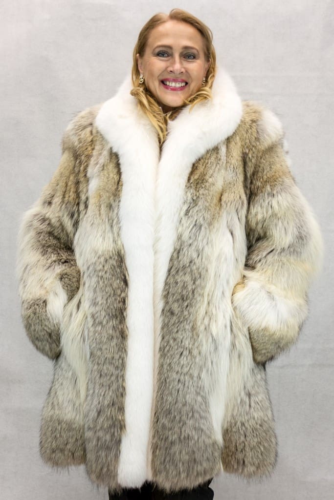 W81 Natural Coyote Letout 36 Coat with Natural Shadow White Fox Tuxedo Trim2