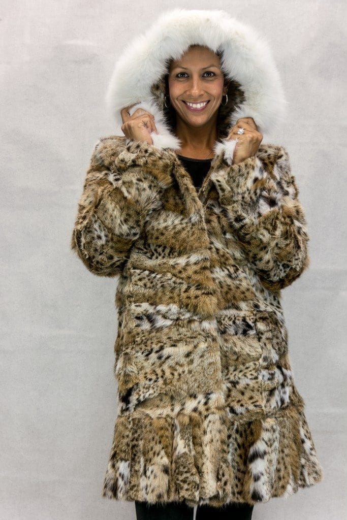 W82 Natural Cat Lynx 34 Section Parka with Ruffle Hem Design and Shadow Fox Trim on Hood3