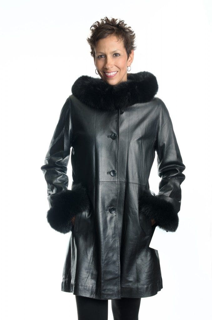 black 35 lamb nappa leather shaped parka stroller with black dyed fox trim on hood and cuffs1