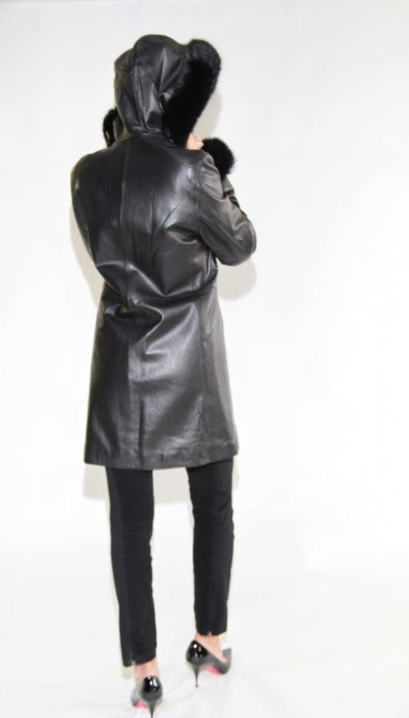 black 35 lamb nappa leather shaped parka stroller with black dyed fox trim on hood and cuffs2