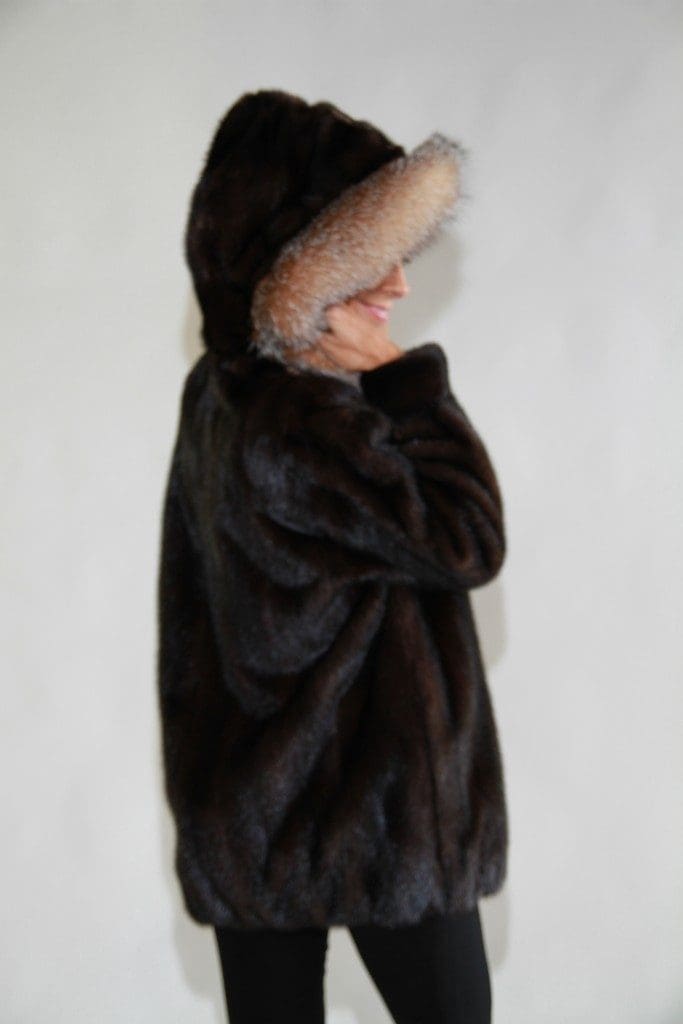 natural 30 brown mahogany letout female mink zip jacket with detachable hood with crystal fox trim2
