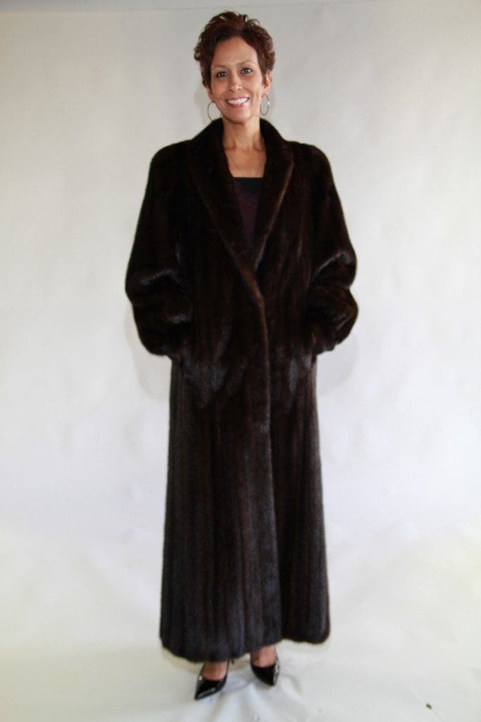 natural 52 brown mahogany letout female mink classic cloat with shawl collar and band cuffs1