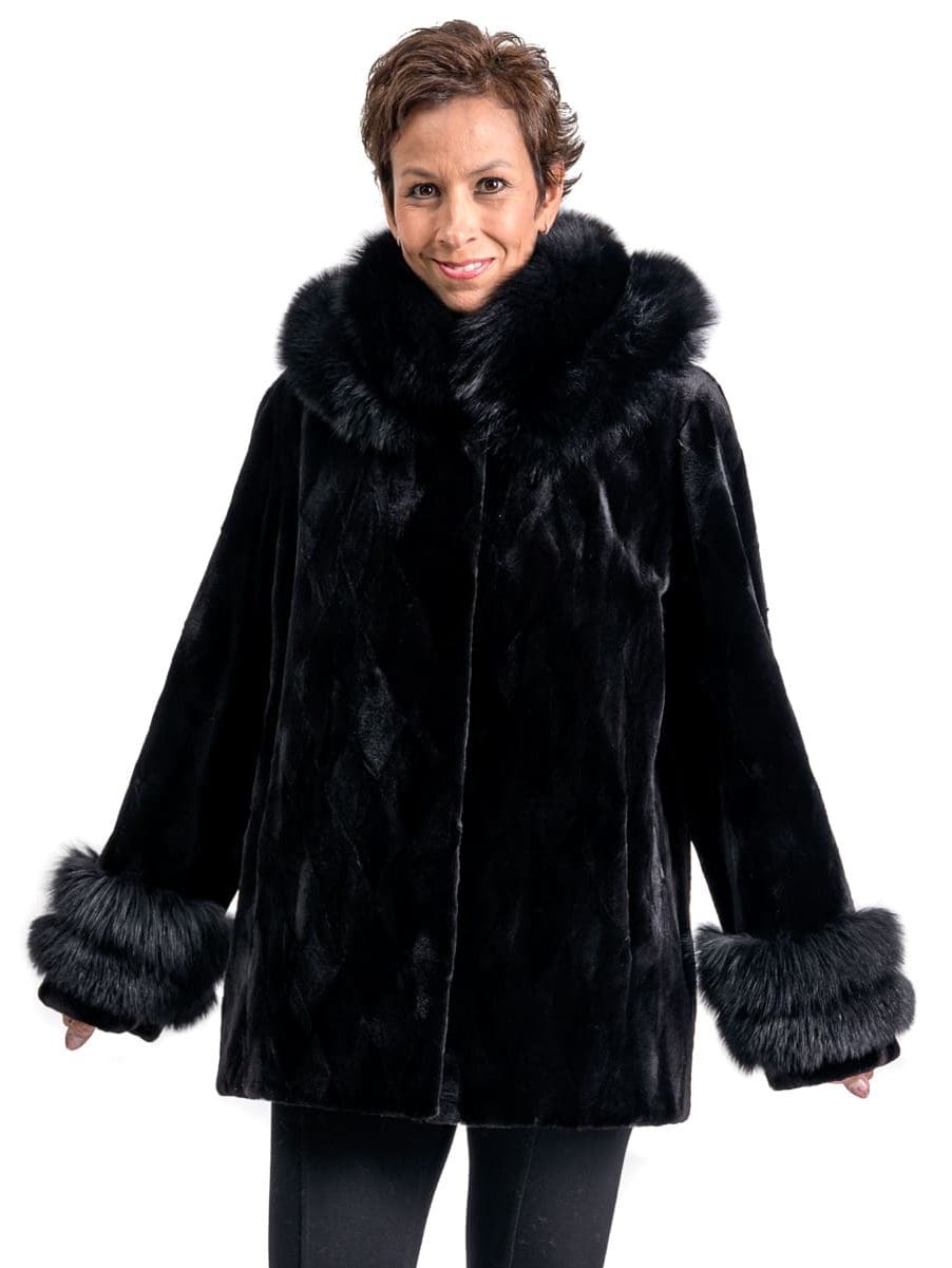 W40 2 Mink Fur Sections Coat with Fox
