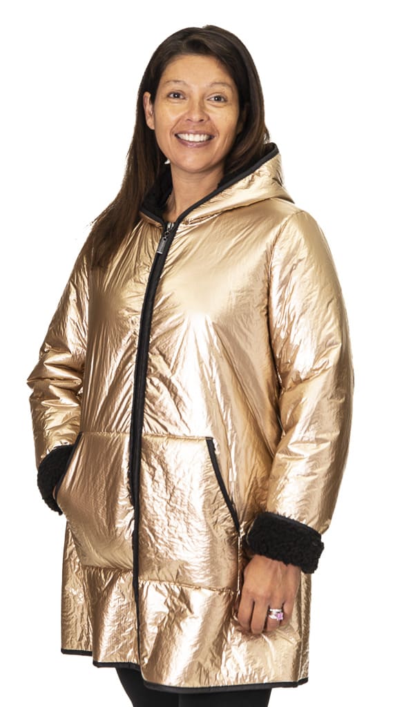 الحداد سكوير قلق  Nikki Jones Gold Iridescent 32” Zip Hooded Raincoat - A.J. Ugent Furs %