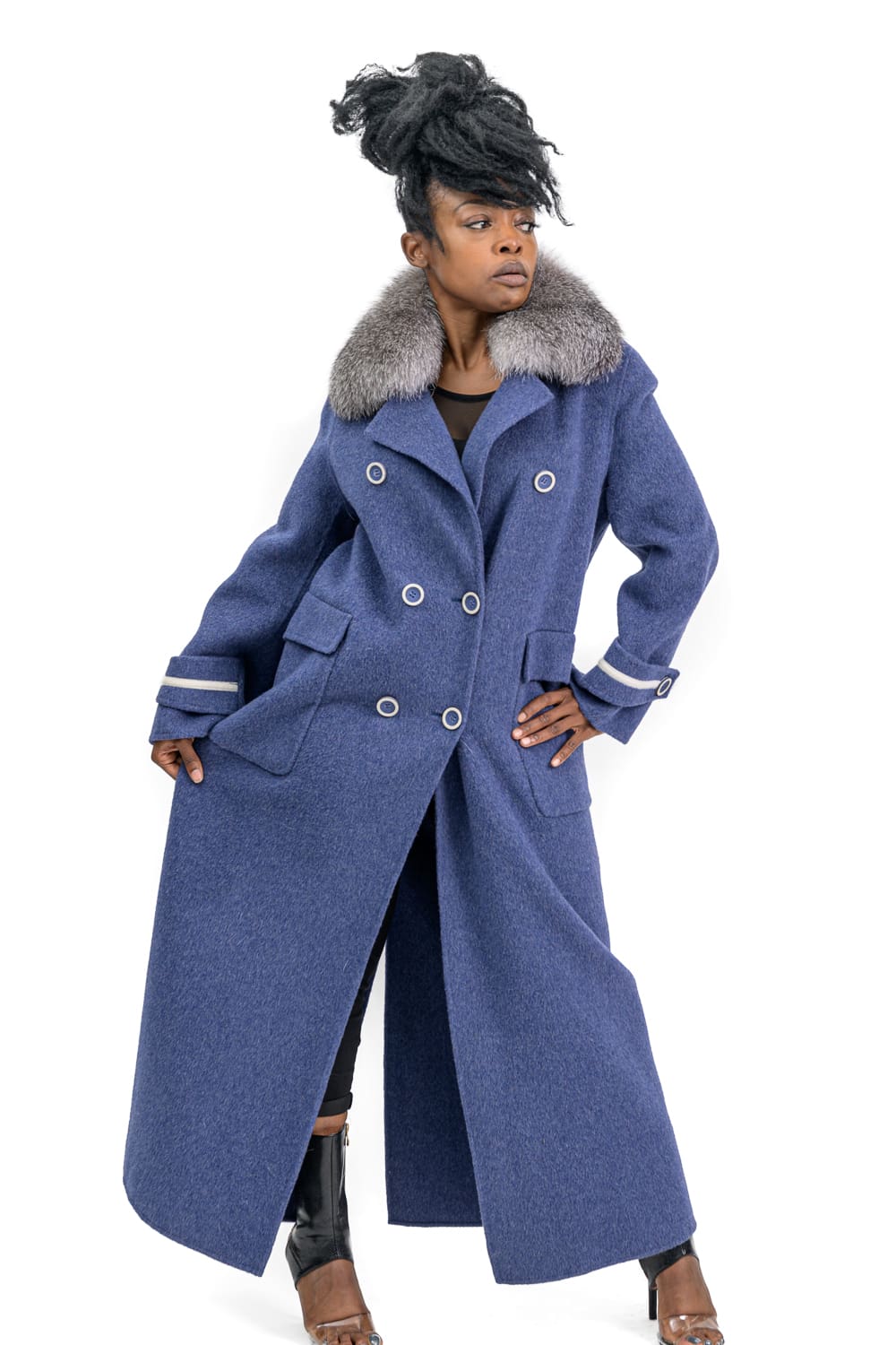 W38 2 Blue Wool Coat with Fox Fur