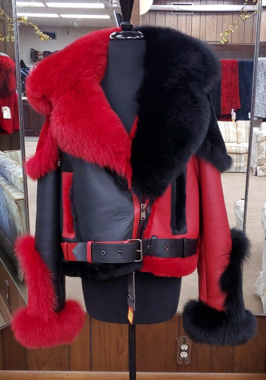 Red and Black Lambskin Leather Shearling Fur Ugent Furs