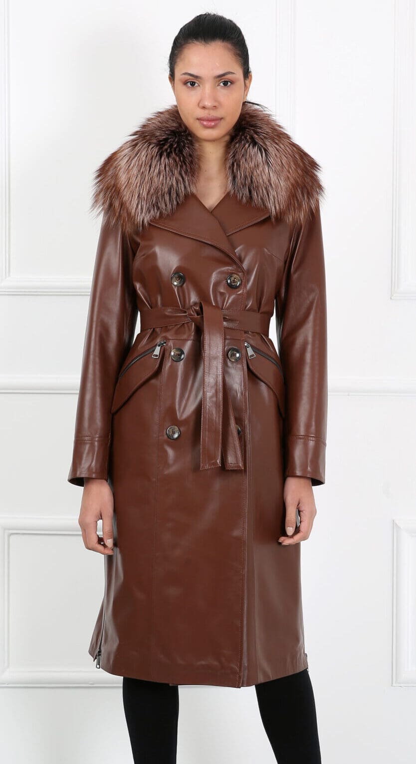 Brown lambskin leather trench coat with Fox Fur Ugent Furs