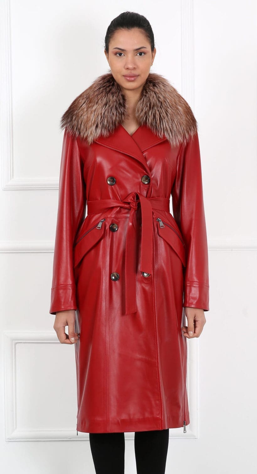 Red leather trench coat Ugent Furs