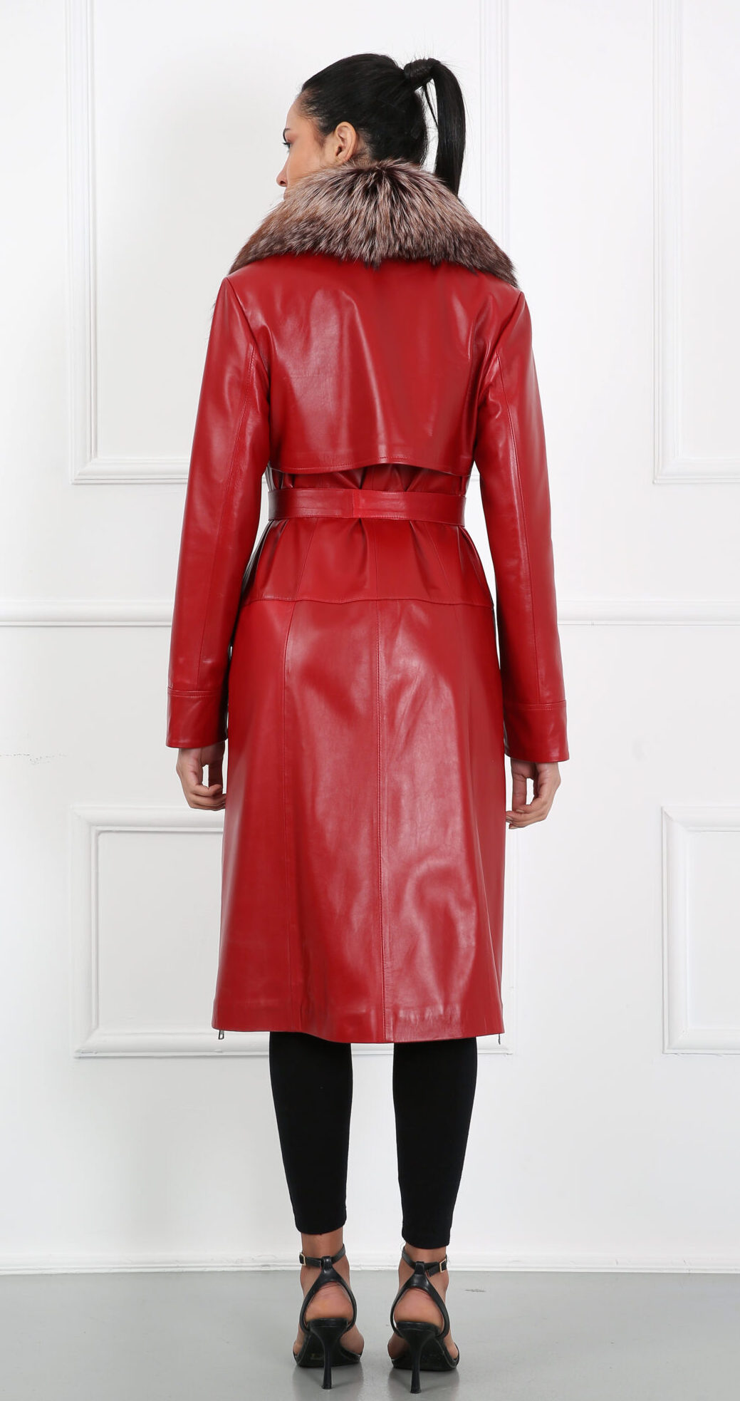Red Lambskin Leather 44″ Trench Coat with Crystal Fox Collar - A.J. Ugent  Furs %