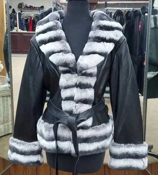 Barya Black Leather with Chinchilla Rex Rabbit Fur