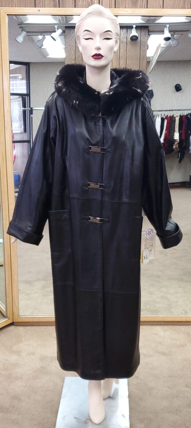 full length woman's black leather coat