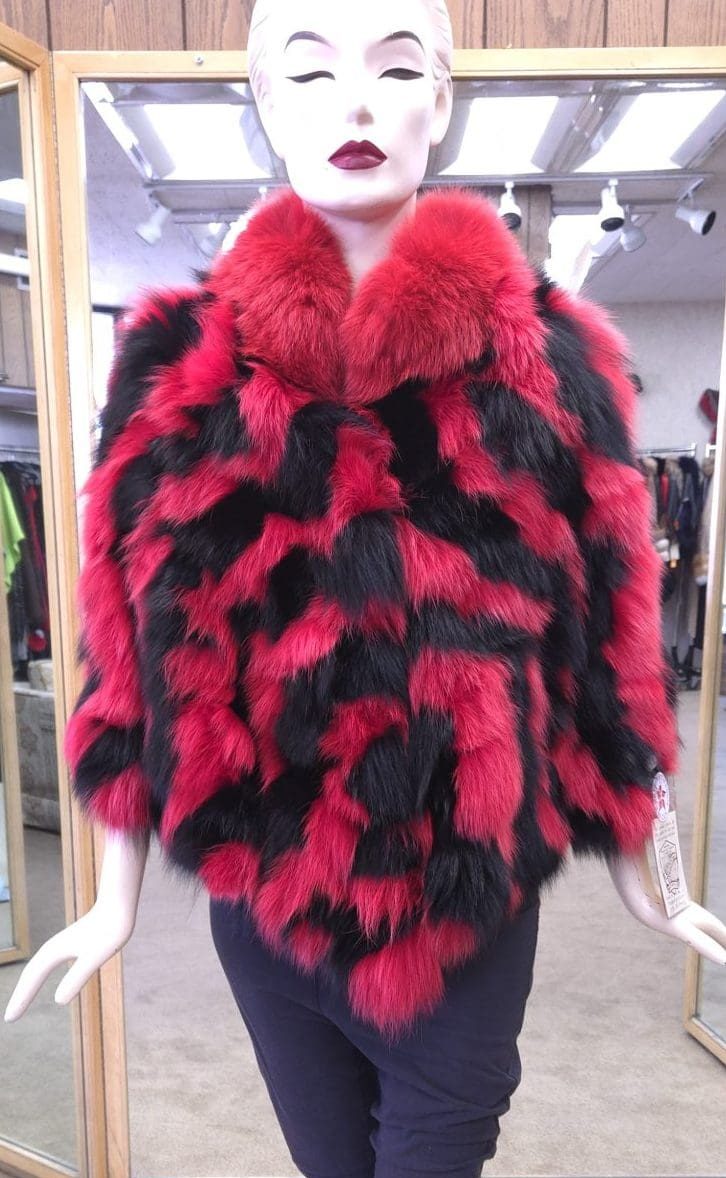 red and black chevron fox fur cape