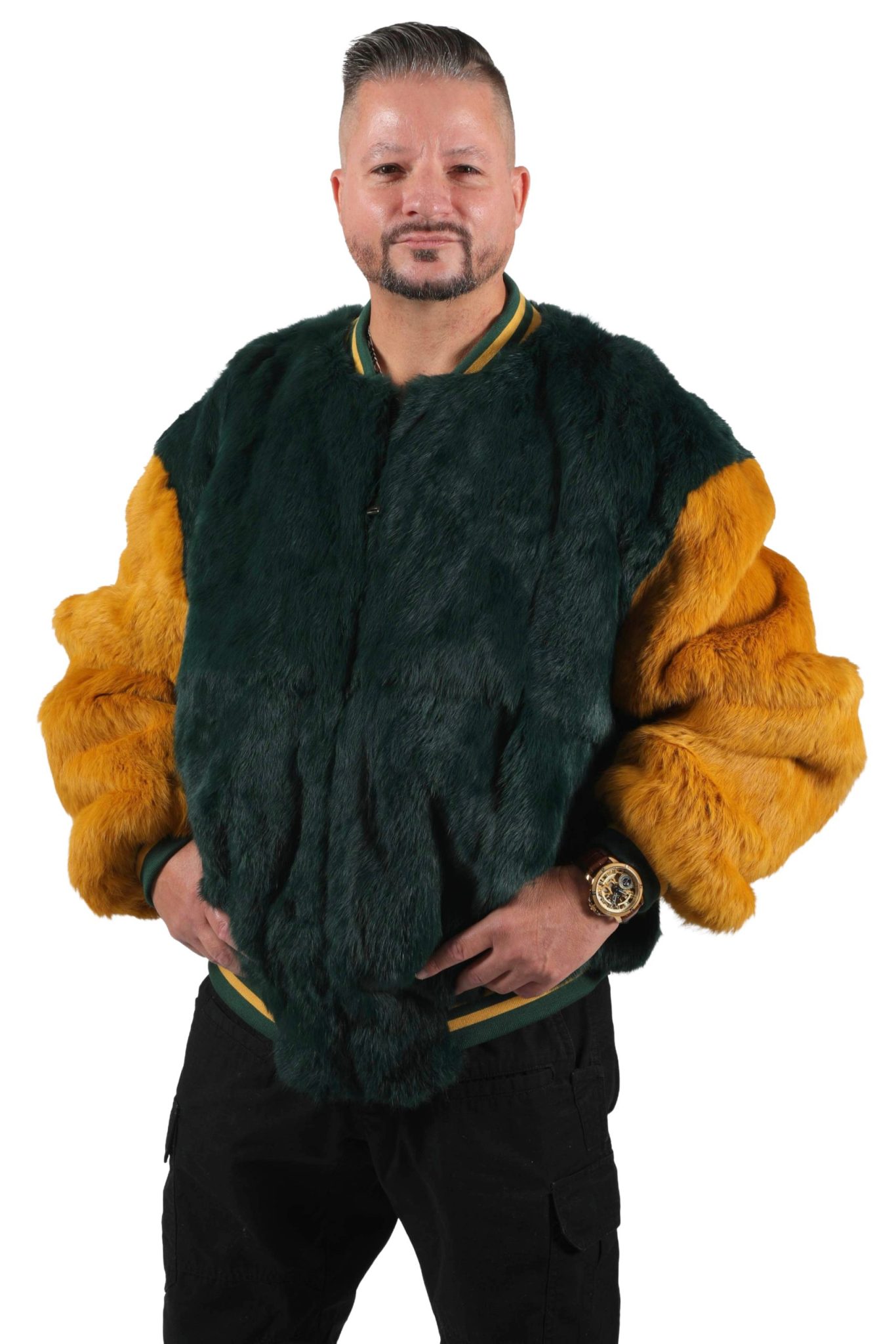 M22 003 green bay packets green and gold rabbit fur jacket Ugent Furs
