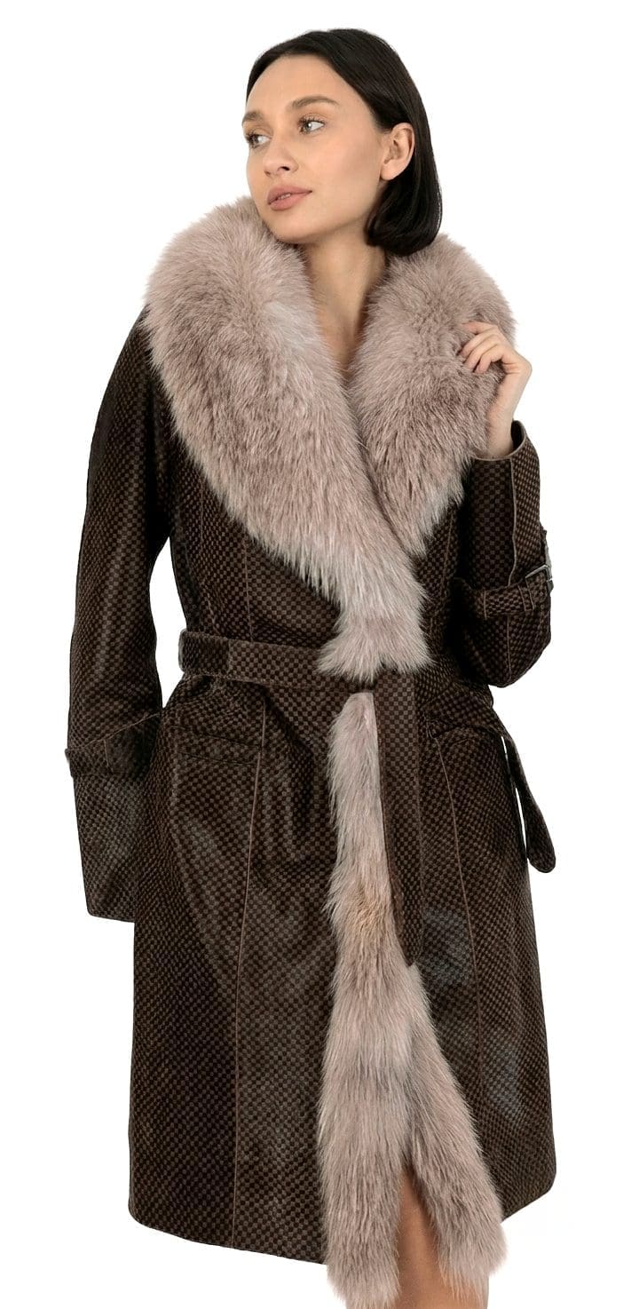 Cavallino Calf Hair Trench Jacket with Crystal Fox Fur Trim by