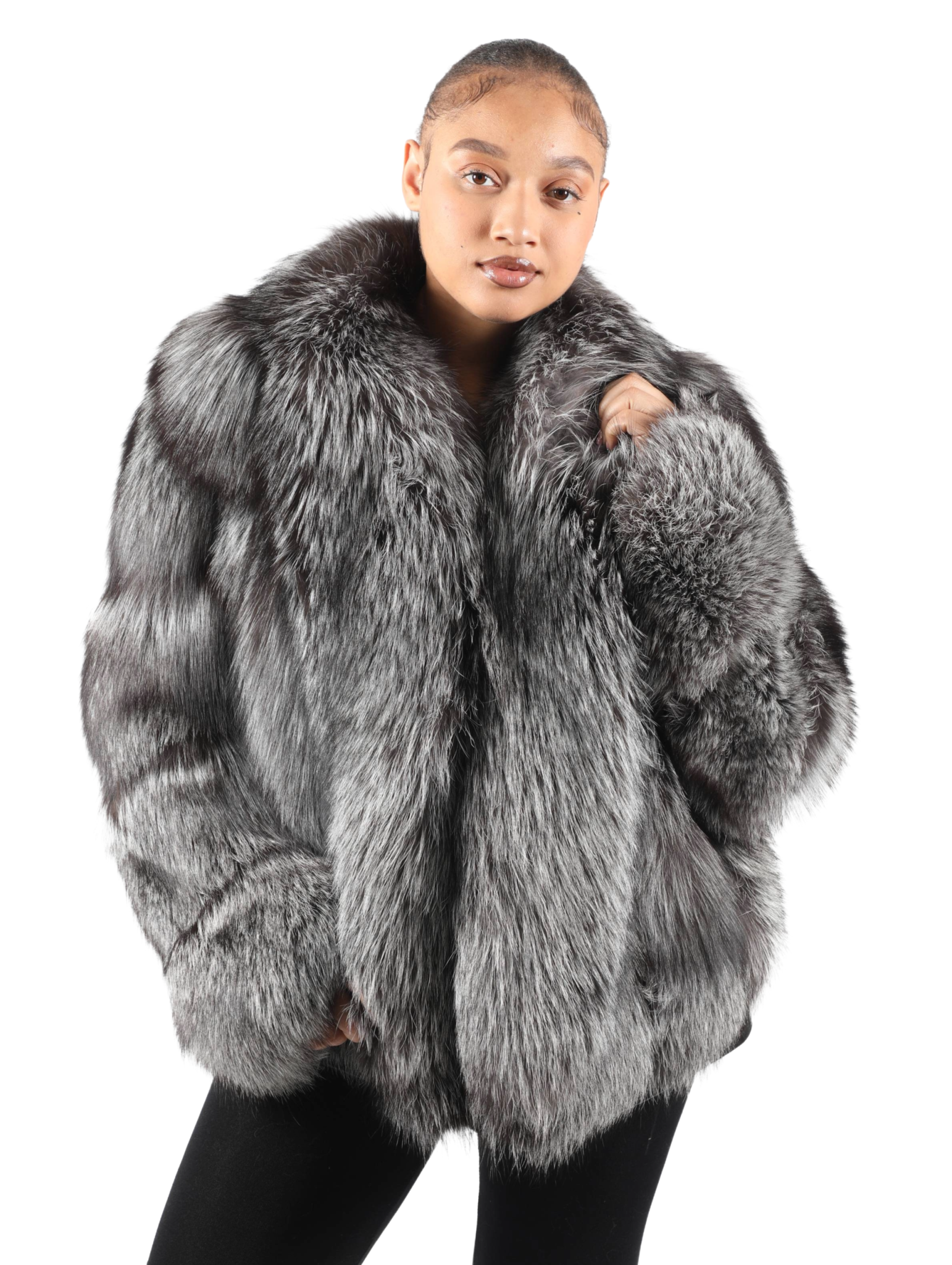 29 2 natural silver fox fur jacket with diagonal sleeve Ugent Furs